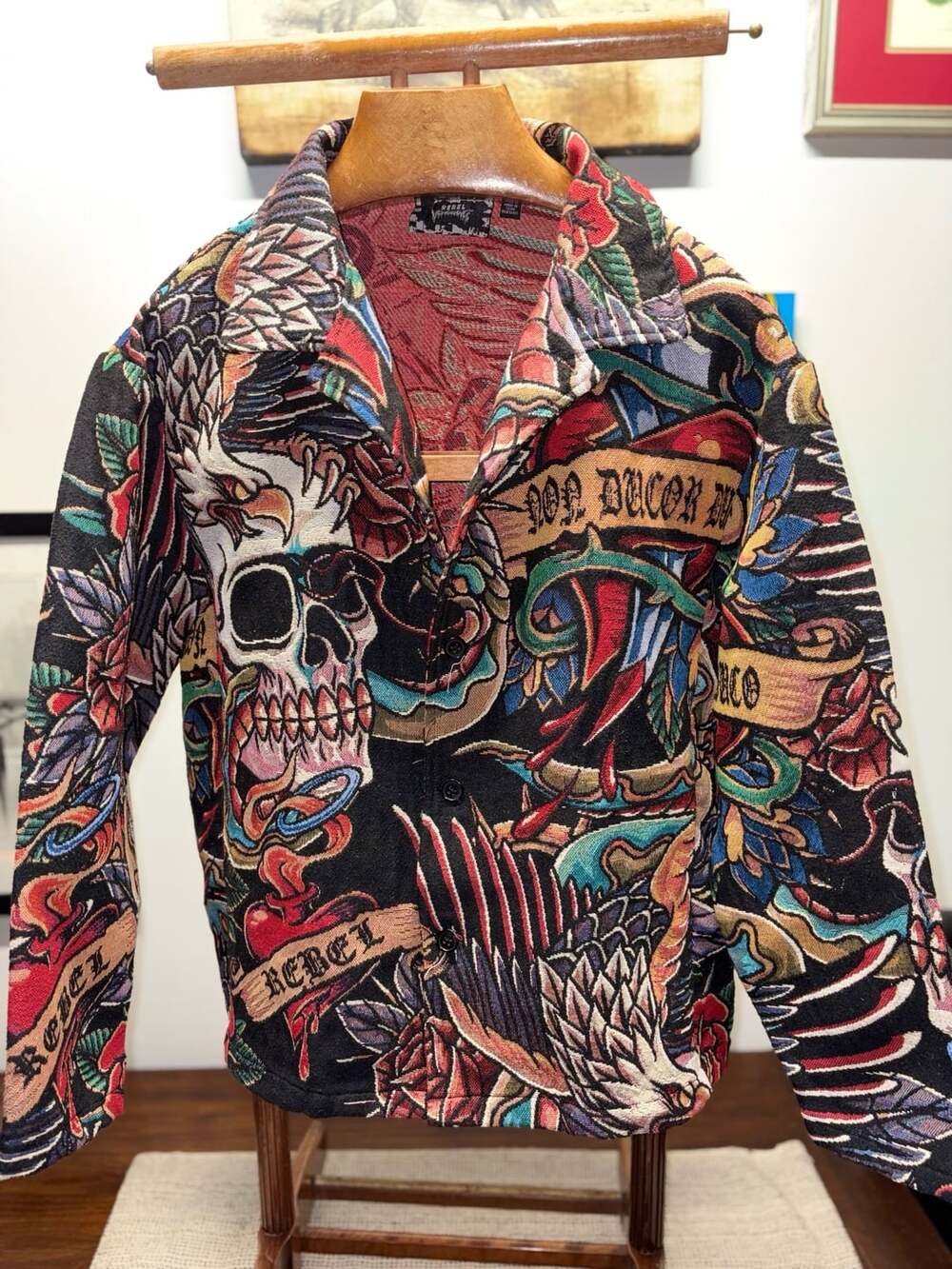 Rebel Vengeance Skull Tapestry Shirt Size Large Tattoo Jacket